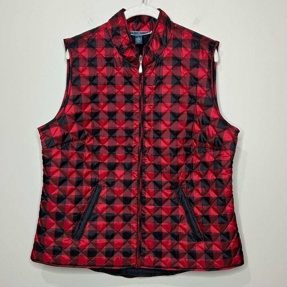 Karen Scott Sport Buffalo Plaid Quilted Vest Size L Full Zipper Outdoors Holiday